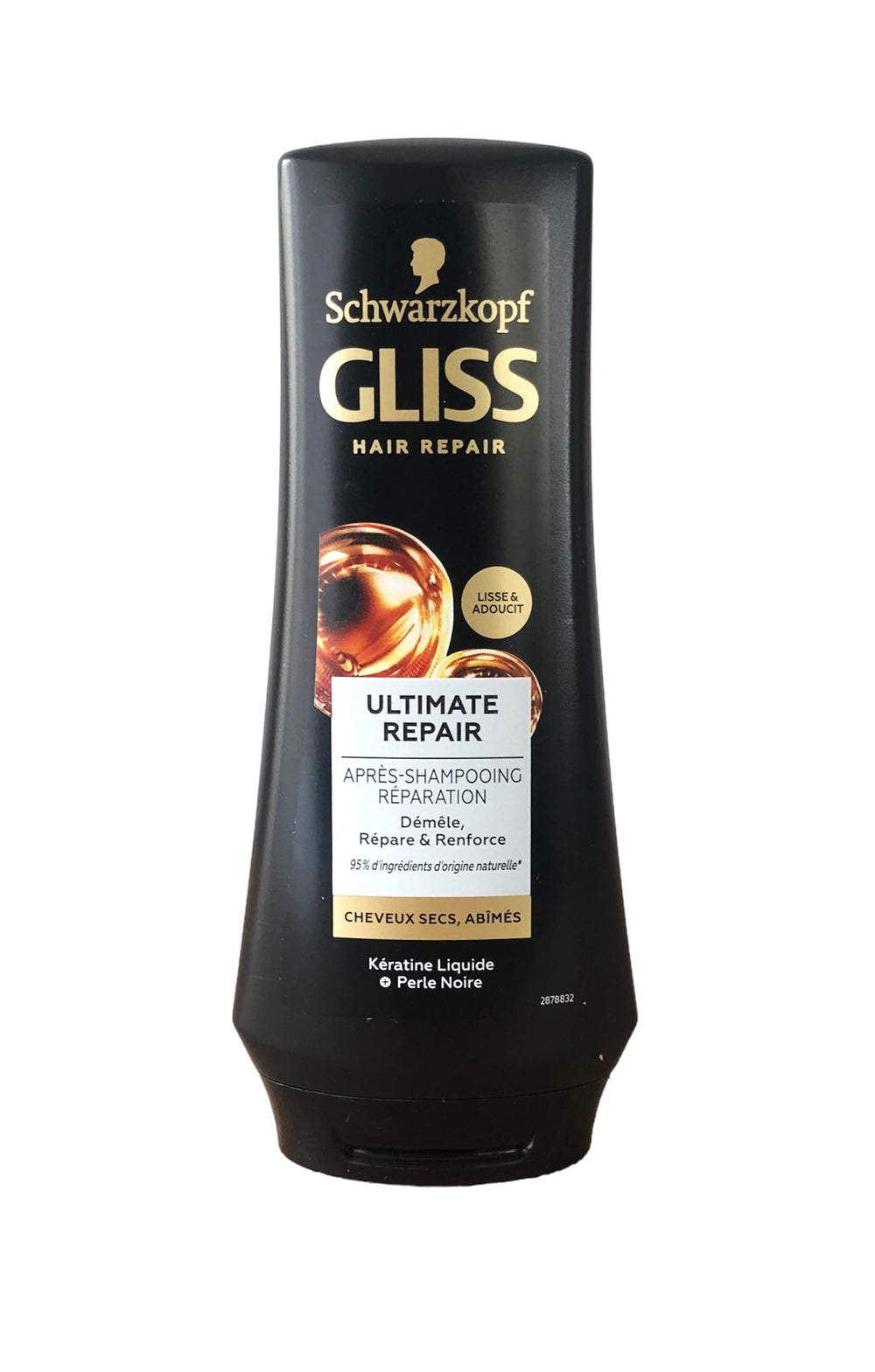 Gliss Kur Ultimate Repair Conditioner bottle close-up highlights keratin infusion for stronger hair.