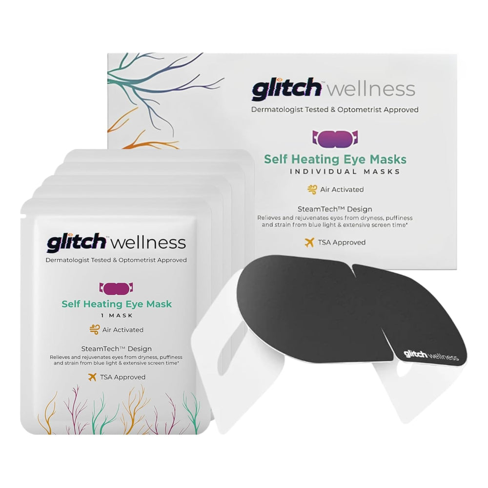 Glitch SteamTech Eye Mask packaging highlights on-the-go warmth and convenience.