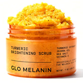 Glo Melanin Turmeric Scrub jar closeup for radiant skin.