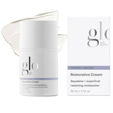 Glo Skin Beauty Restorative Cream tube application demonstrates luxurious hydration for dry skin.