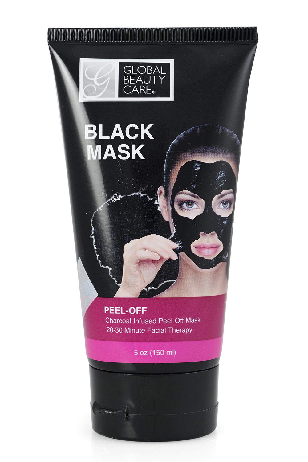 Global Beauty Care black peel-off mask application demonstrates pore cleansing.