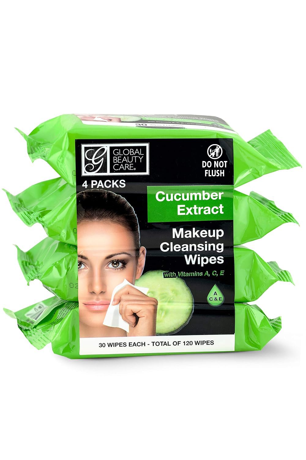 Global Beauty Care makeup cleansing wipes 4-pack packaging, travel-ready for quick makeup removal.