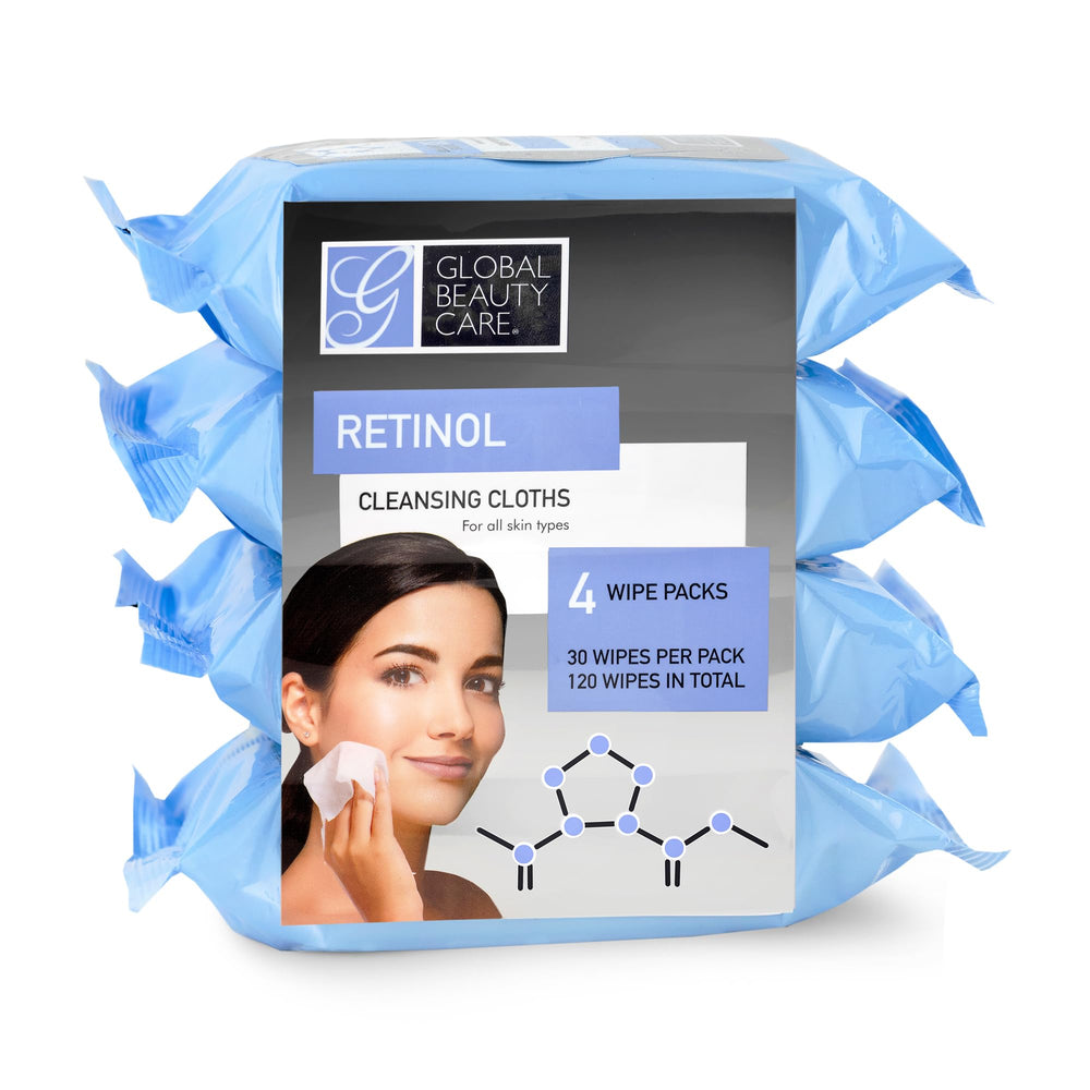 Global Beauty Care Retinol Cleansing Wipes pack front for convenient skincare routine.