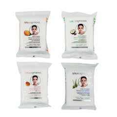 Global Beauty Care Spascriptions wipes moisturizing texture showing coconut oil and shea butter hydration.
