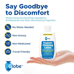 Hands applying Globe Cleansing Lotion demonstrates gentle cleansing action.