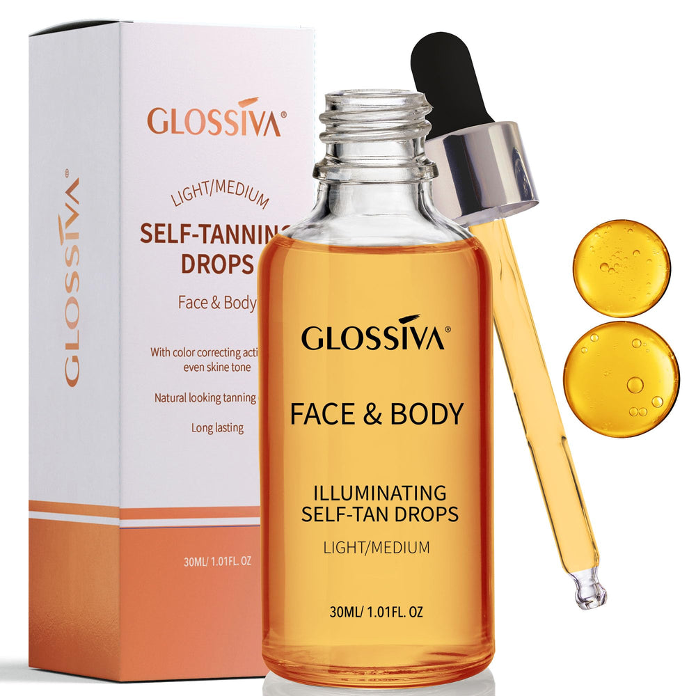 Glossiva Self Tanning Drops in a brown glass bottle with dropper for precise application.
