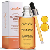 Glossiva Self Tanning Drops in a brown glass bottle with dropper for precise application.