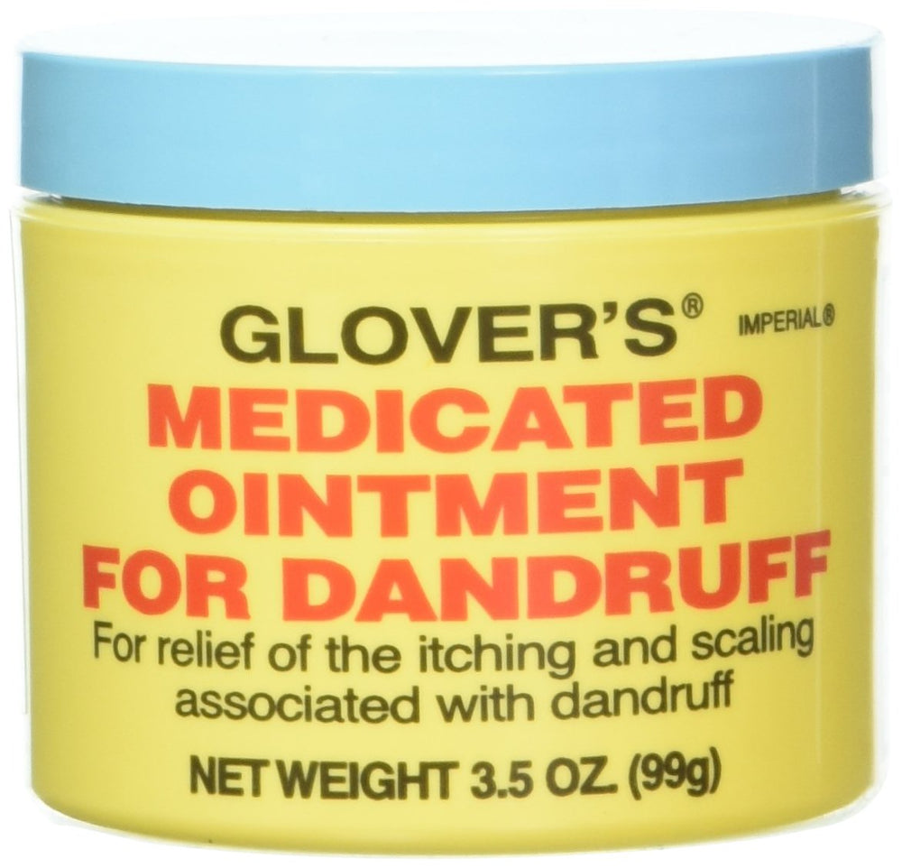 Glover's medicated ointment dandruff jar demonstrates scalp relief for healthier-looking hair.