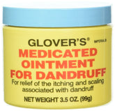 Glover's medicated ointment dandruff jar demonstrates scalp relief for healthier-looking hair.