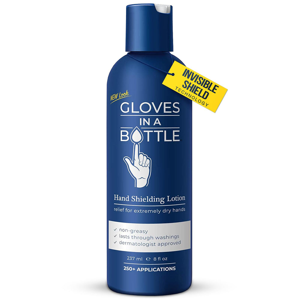 Gloves In A Bottle shielding lotion bottle shows invisible barrier for dry skin.