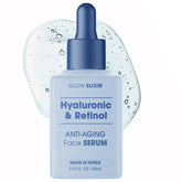 Glow Elixir retinol serum bottle showing anti-aging hydration benefits.