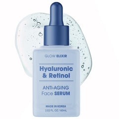 Glow Elixir retinol serum bottle showing anti-aging hydration benefits.