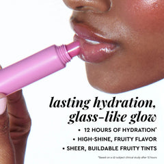Glow Recipe Glass Balm Lip Treatment gloss closeup shows high shine and sheer tint.