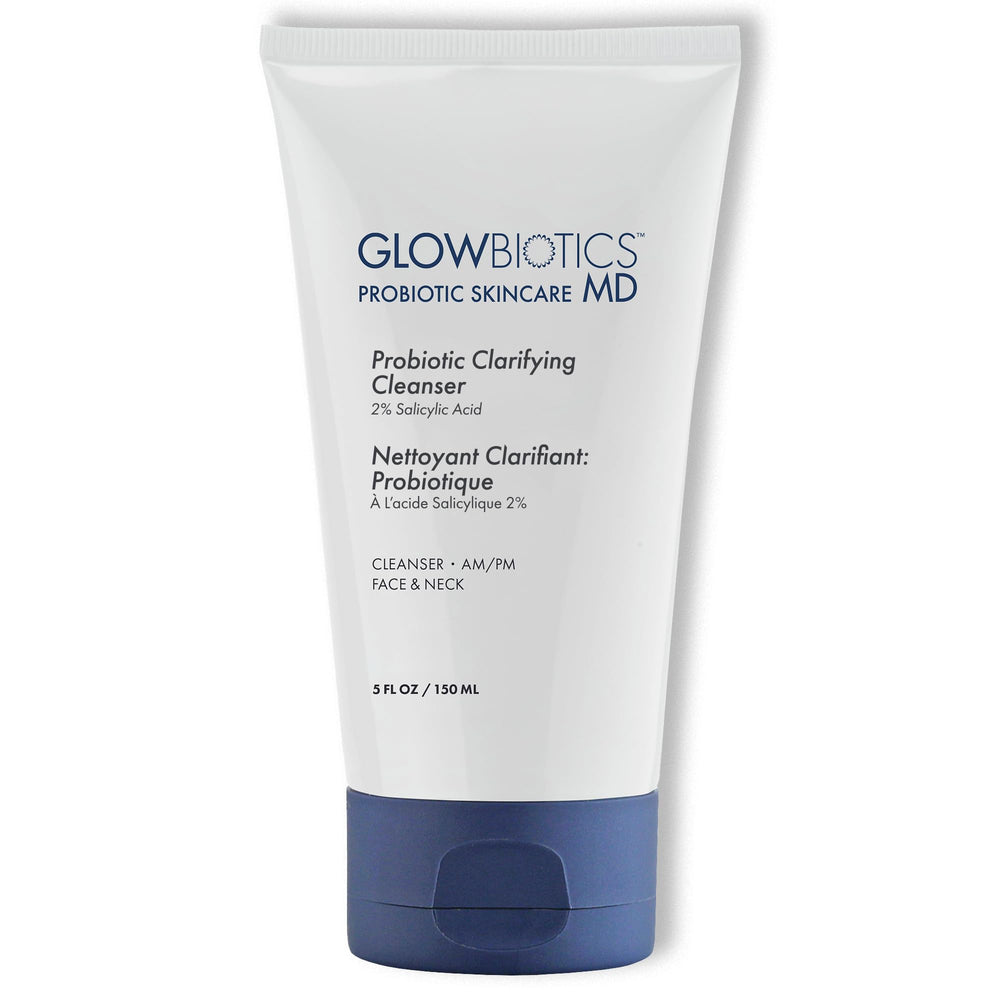 Glowbiotics clarifying cleanser pump bottle—gentle daily cleanse for oil control.