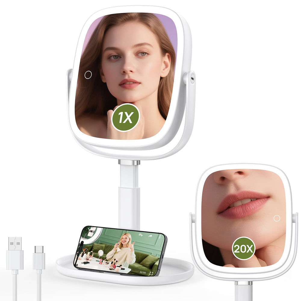 Glowtop height adjustable mirror front view with built-in lights for clear makeup application.