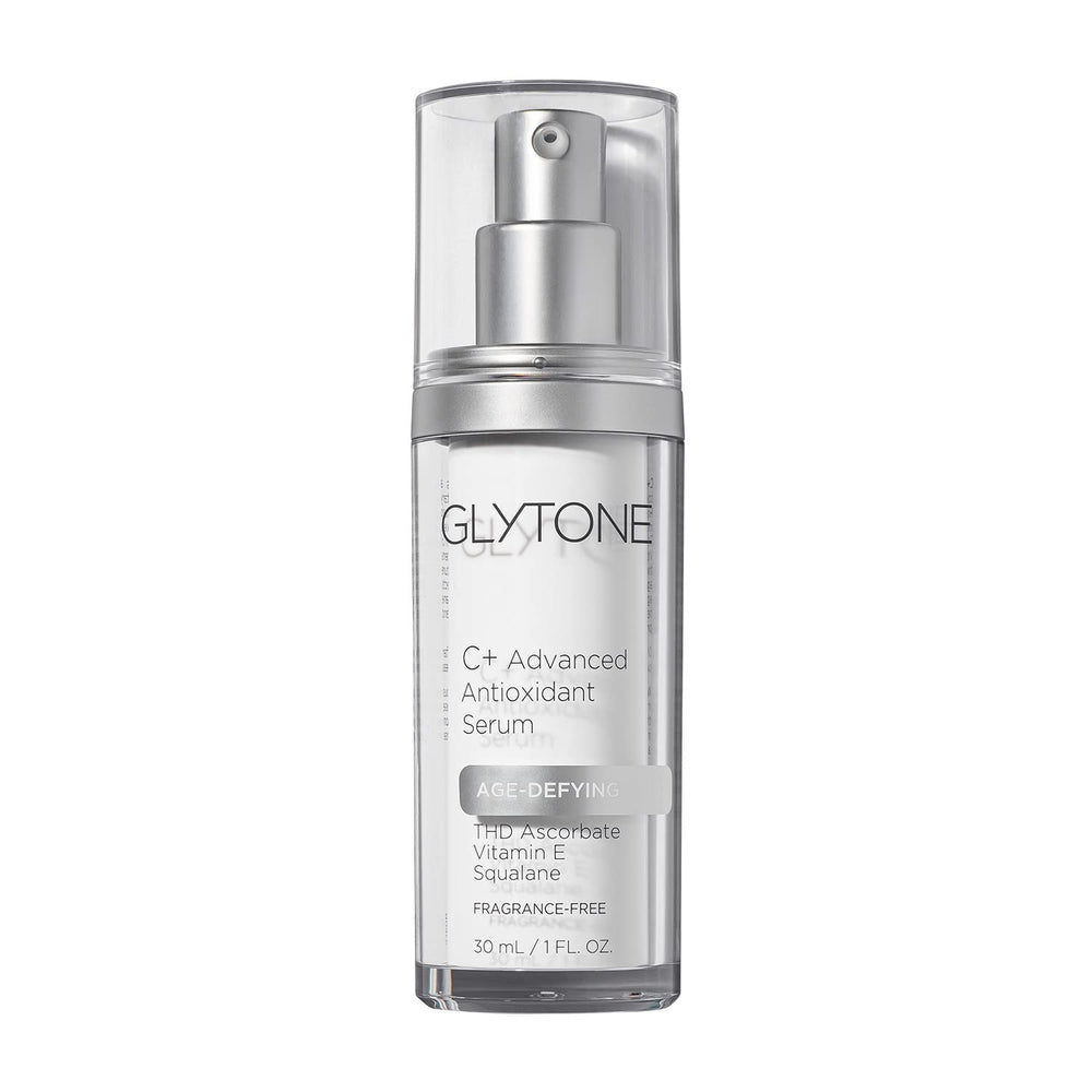 Glytone Age-Defying C Plus Serum bottle highlights brightening and hydrating skin benefits.