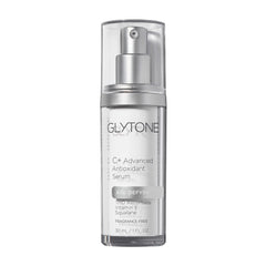 Glytone Age-Defying C Plus Serum bottle highlights brightening and hydrating skin benefits.