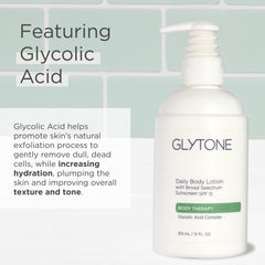 Glytone Daily Body Lotion application scene shows easy, non-greasy moisturization.