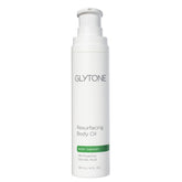 GLYTONE Resurfacing Body Oil bottle top shows unscented, gentle resurfacing.