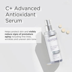 Glytone Vitamin C Serum 20 percent dosage close-up emphasizes antioxidant protection.