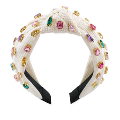 Gmmidea Jeweled Knotted Headband wide top knot in beige pairs with many outfits.