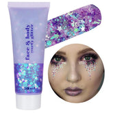 Go Ho Mermaid Purple Face Glitter Gel bottle with festival-ready shimmer on skin and hair