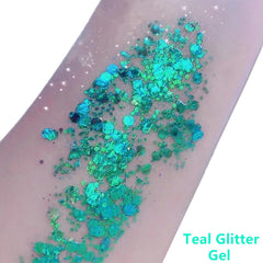 Go Ho Teal face glitter application showing easy shimmer on the skin