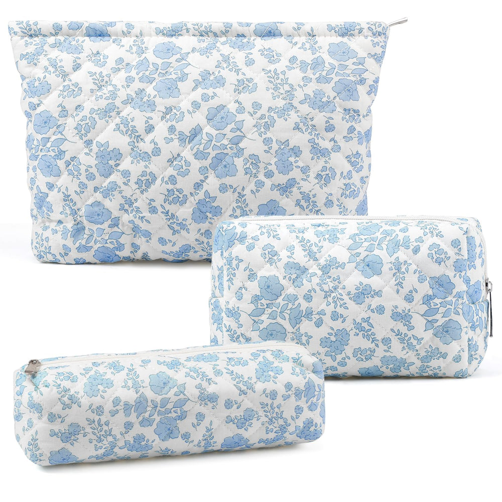 Gocvo checkered makeup bag set, large capacity, blue flower design for travel organization.