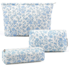 Gocvo checkered makeup bag set, large capacity, blue flower design for travel organization.