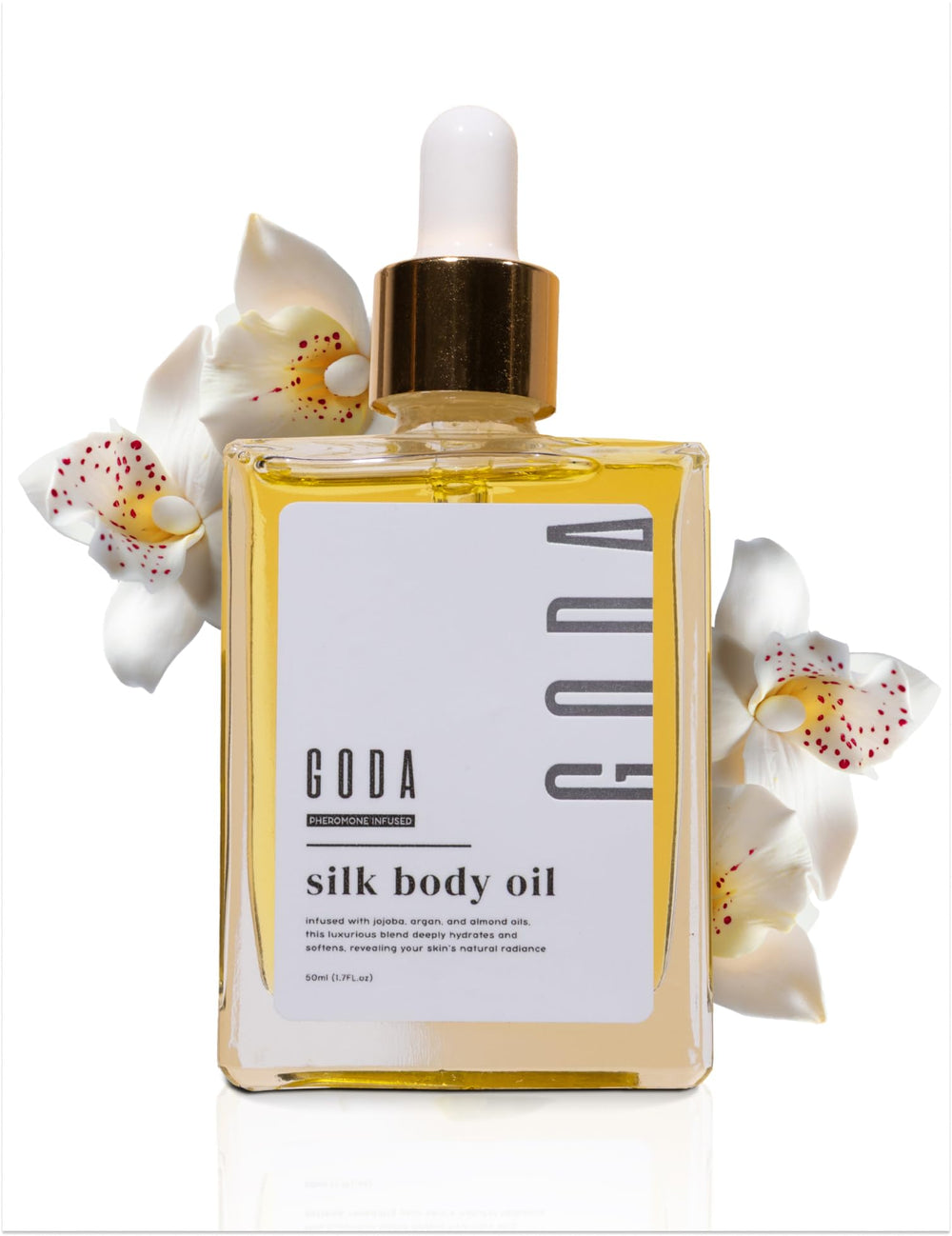 GODA Silk Body Oil bottle showcases premium blend for firming hydration.