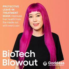 Goddess Maintenance Biotech Blowout bottle closeup highlights shine and protection.