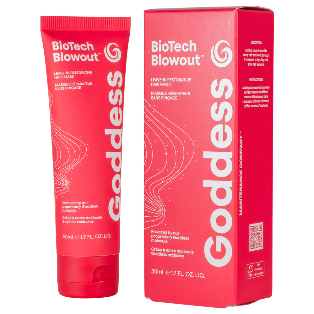 Goddess Maintenance Biotech Blowout Leave-In application demonstrates inner repair and protection.