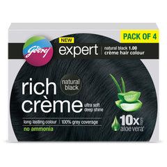 Godrej Expert Rich Crème Hair Colour pack-4 natural black box with pre-measured sachets for easy application.