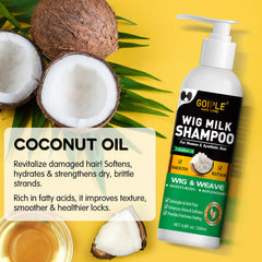Goiple Wig Milk Spray bottle shows conditioning and detangling for smooth, tangle-free strands.