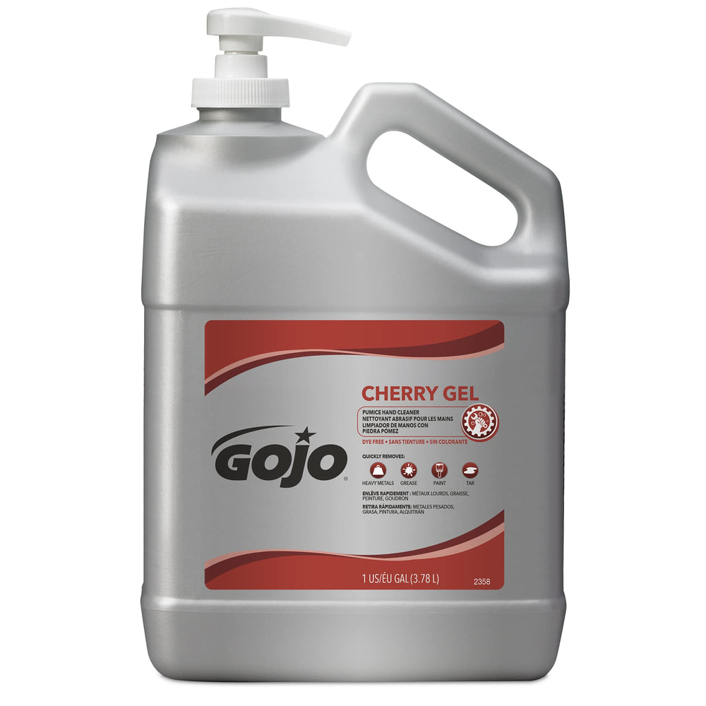 GOJO Cherry Gel Pumice Hand Cleaner bottle-pump showing easy dispensing for tough soils