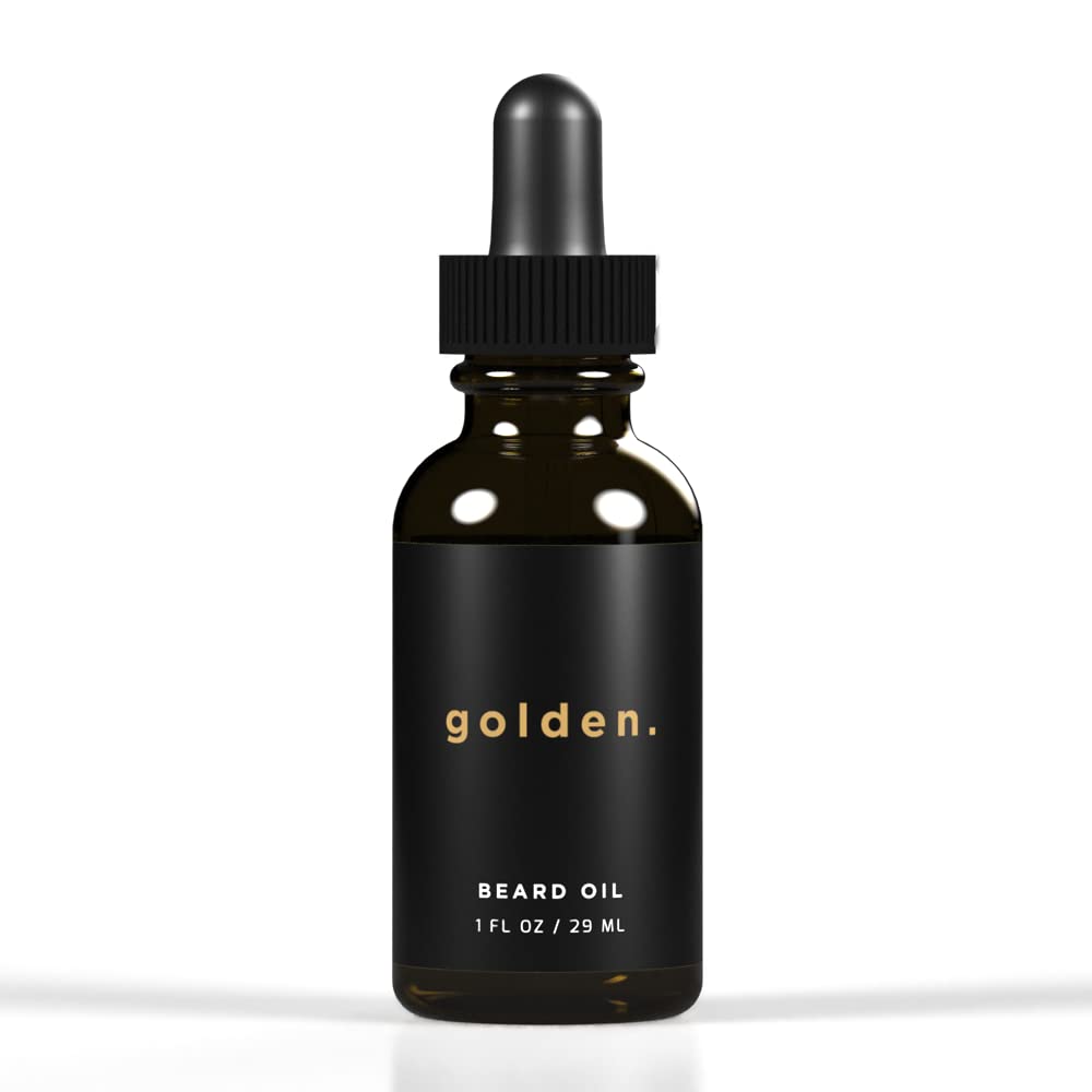 Golden Grooming Beard Oil bottle demonstrates lightweight hydration for daily conditioning.