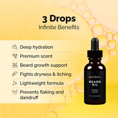Golden Grooming Beard Oil pour shot highlights quick absorption and non-greasy feel.
