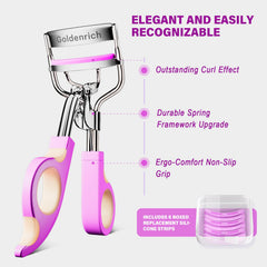 Goldenrich eyelash curler six-refills case highlighting easy replacements.