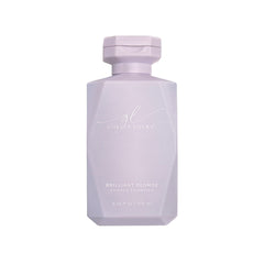 Goldie Locks Brilliant Blonde Purple Shampoo bottle shows violet tones for brass-neutralizing on color-treated hair.