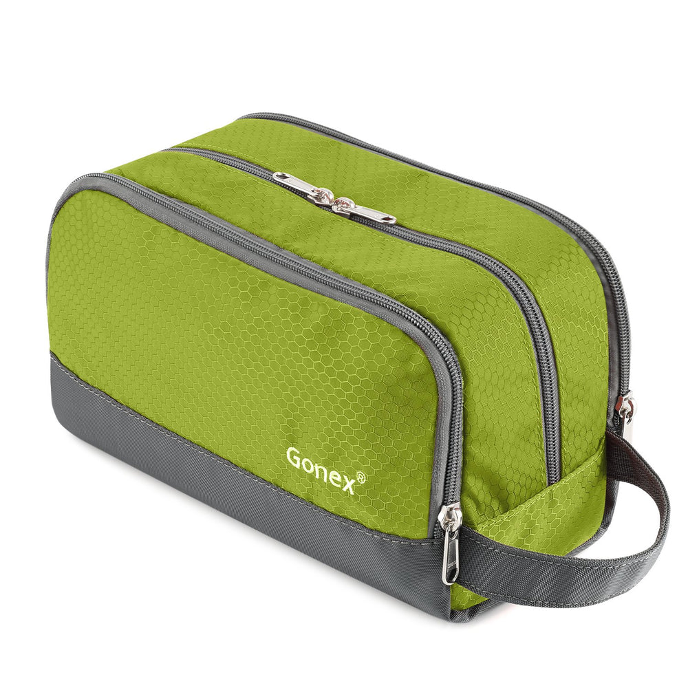 Gonex travel toiletry bag green main compartment stores shampoo and lotion securely.