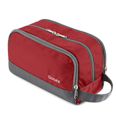 Gonex travel toiletry bag nylon red main compartment neatly organizes larger items.