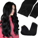 GOO GOO clip in hair extensions jet black closeup for seamless blend.