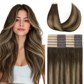 Extensiones GOO GOO tape-in Remy Balayage chocolate caramel, aspecto natural y suave.