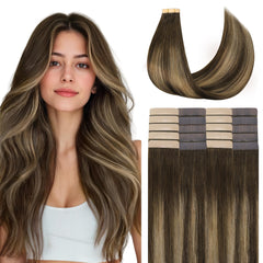 Extensiones GOO GOO tape-in Remy Balayage chocolate caramel, aspecto natural y suave.