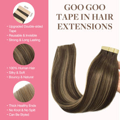 Extensiones GOO GOO tape-in Remy, textura seda para un peinado suave.