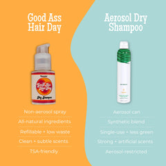 Good Ass Hair Day Dry Shampoo Powder application scene on dark hair for natural blend.