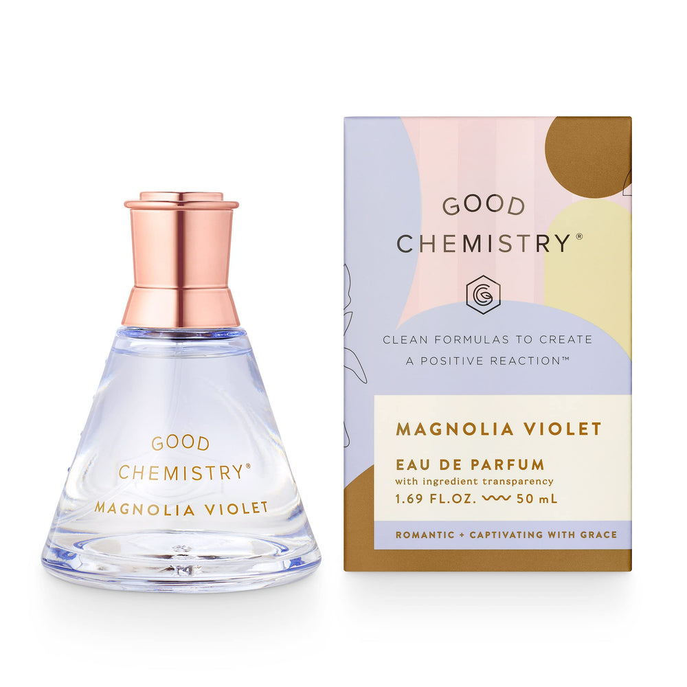 Good Chemistry Magnolia Violet Eau de Parfum bottle on display, elegant floral scent