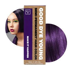 Good Dye Young eggplant purple dye bottle close-up for vibrant conditioning color.