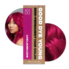 Good Dye Young magenta color bottle closeup shows vibrant conditioning color.