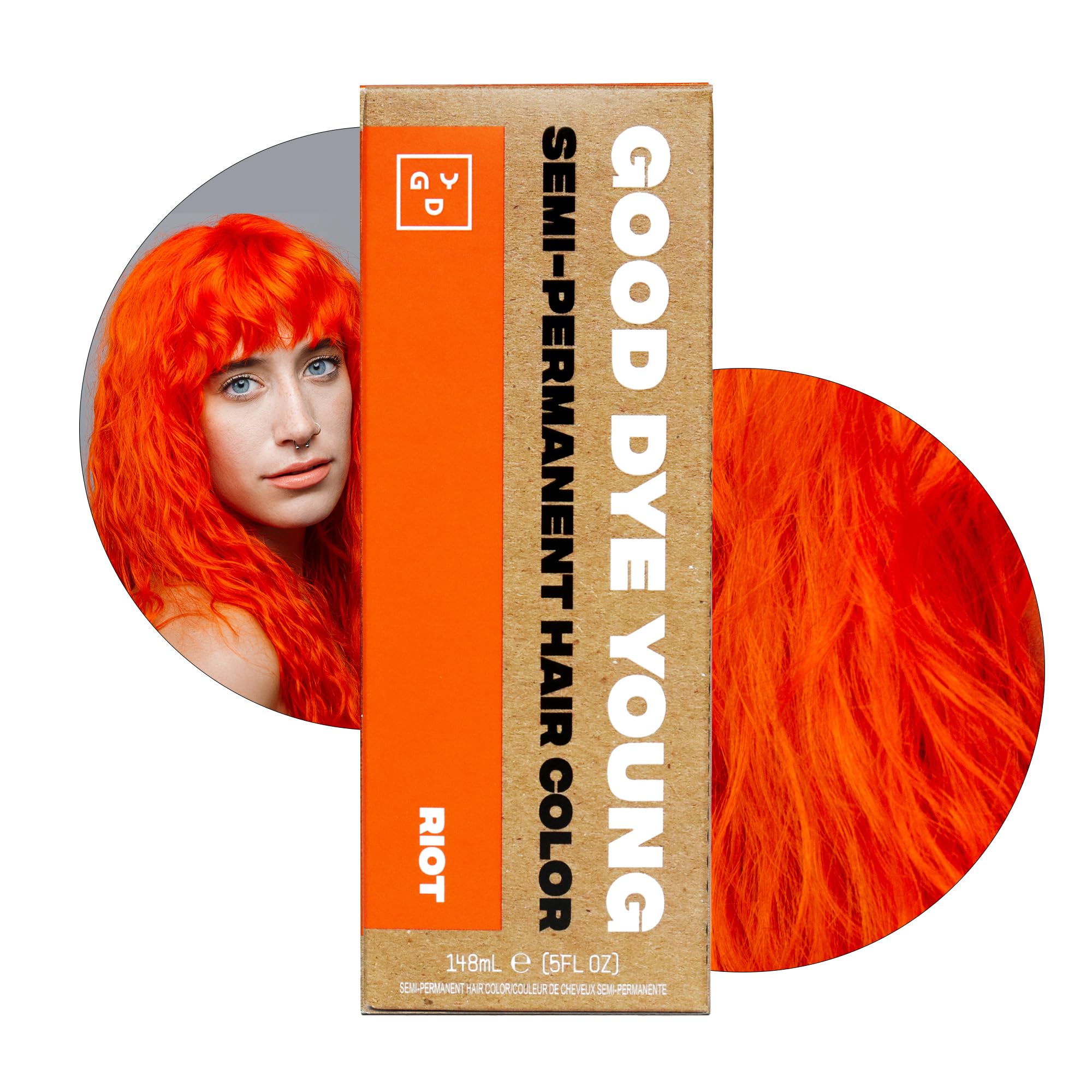 Good Dye Young Riot bottle front highlights neon orange pigment for bold festival-ready color.